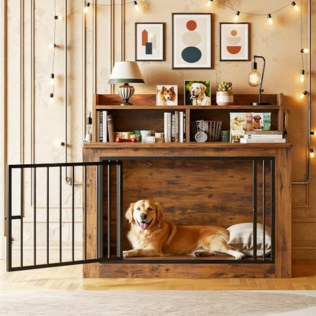 IRONCK Extra Large Dog Crate Furniture, 43.3 inches Wooden Dog Crate with Storage and 4 Hooks, Heavy Duty Pet Crate for Large Dog, Decorative Pet Cage for Indoor (30" L x 43.3" W x 41.1" H) IRONCK