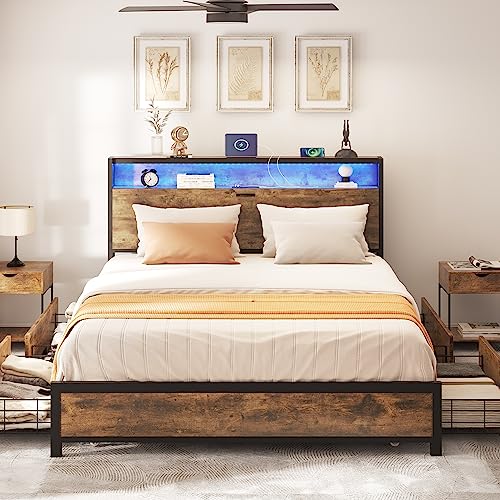 YITAHOME Bed Frame, Queen Size Bed Frame with LED Light Strip & Charging Station, Wooden Storage Headboard Platform Bed with Metal Slats Support & 4 Drawers, No Box Spring Needed, Brown