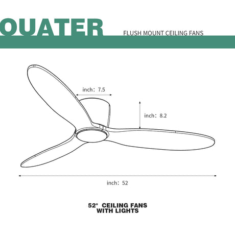 Flush Mount Ceiling Fan no light with Remote, 52 inch Low Profile Wood Ceiling Fan no light, Modern Ceiling Fan without light for Outdoor, Bedroom, Natural Wood and matte Black, DC Motor, 6 Speed OUATER
