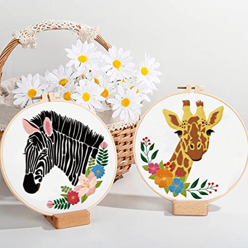 ORIGACH 4 Pcs Wild Animal Embroidery Starters Kit for Beginners, Zebra Lion Elephant Giraffe Embroidery Stitch Practice kit Include Embroidery Cloth, Embroidery Hoops, Threads and Needles