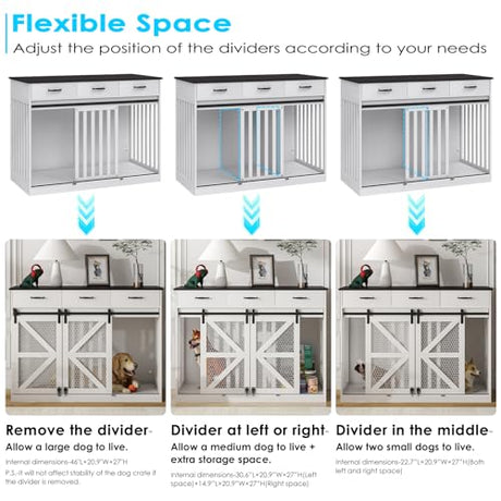 kepptory 48'' Dog Crate Furniture with Divider&Storage Drawers, Wooden Double Dog Kennel Furniture End Table with Sliding Barn Doors, White Double Dog Crate TV Stand kepptory