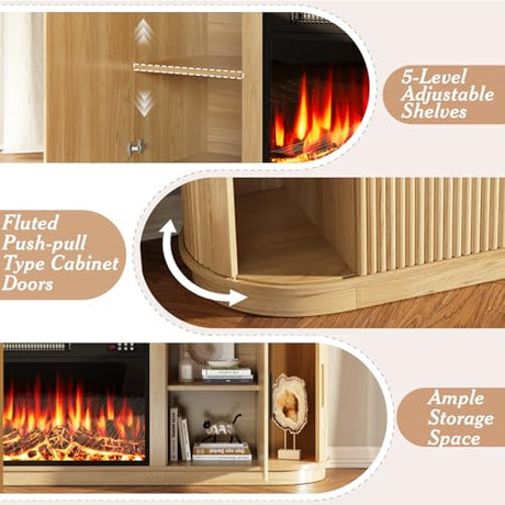 Vitesse Fluted 70 TV Stand with 23" Electric Fireplace Heater, Entertainment Center with Storage and Adjustable Shelves,Modern Media Console Table with Sliding Doors for Living Room, Bedroom (Wood VITESSE