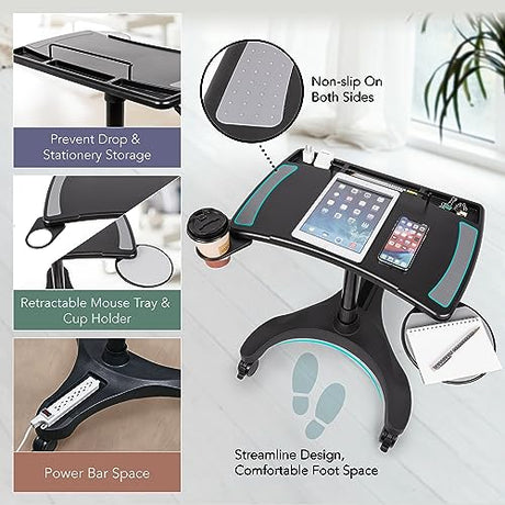 EHO Mobile Laptop Standing Desk Carts on Wheels with Stationery Storage, Pneumatic, Height Adjustable Rolling Stand, Sit to Stand Computer Cart, Workstation for Home, Office, Medical and School EHO