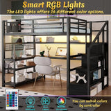 Mirightone Full Size Loft Bed with Desk & Stairs, Heavy-Duty Metal Loft Beds with Upper Shelves & Wardrobe, High Loft Bed Frame with LED and Charging Station for Boys, Girls and Teens (Black) Mirightone