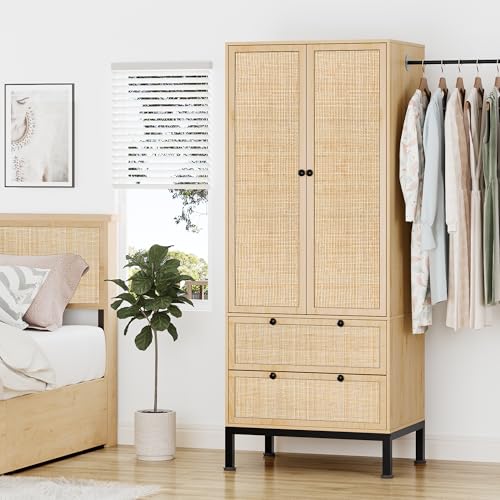 Brafab 74" Natural Rattan Woven Wardrobe Armoire Closet with Hanging Rod, Natural Wooden Armoires Storage Cabinet with Large Drawers and Adjustable Shelves, Tall Freestanding Wooden Closet for Bedroom