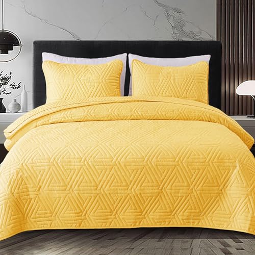 Whale Flotilla Soft Queen Size Quilt Set for All Seasons, 3-Piece Ultrasonic Geometric Quilts Bedding Set, Lightweight Reversible Bedspread, Coverlet, Bed Cover with 2 Pillow Shams, Yellow Whale Flotilla