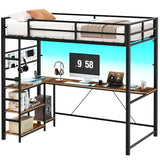 HOOBRO Twin Size Loft Bed with Ladder and Guardrail, Metal Bunk Bed with Desk, LED Lights and Charging Station for Teens, Adults, Space Saving, No Box Spring Needed, Black and Rustic Brown HOOBRO