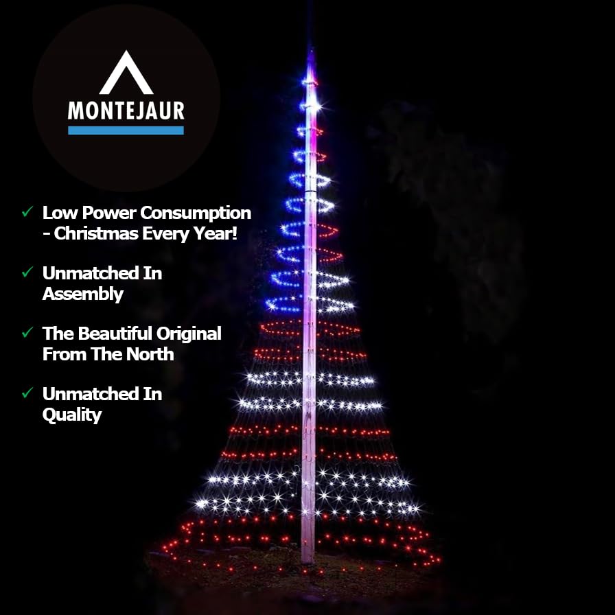 MONTEJAUR - Flagpole Christmas Tree - 20FT - 800LED - US Flag - LED Lights