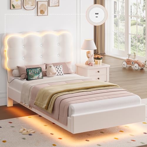 HIFIT Upholstered Twin LED Bed Frame with Charging Station and Adjustable Crystal Button-Tufted Puffs Headboard, Velvet Princess Floating Platform Bed Frames for Girls/Kids, No Box Spring Needed,Beige HIFIT