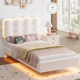 HIFIT Upholstered Twin LED Bed Frame with Charging Station and Adjustable Crystal Button-Tufted Puffs Headboard, Velvet Princess Floating Platform Bed Frames for Girls/Kids, No Box Spring Needed,Beige HIFIT
