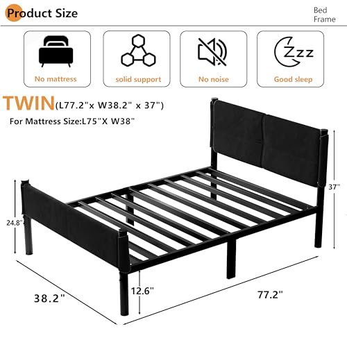 Henshwon Metal Bed Frame,14Inch Twin Size Bed Frame with Storage Space,Heavy Duty Sturdy Mattress Foundation,Easy Assembly,No Box Spring Needed,Black Twin Henshwon