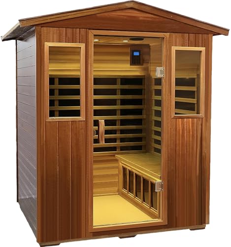 LTCCDSS Mahogany Outdoor Sauna 4 Person, Low EMF Far Infrared Sauna for Home, Withstand Outdoor Temp -10℉-149℉| 12 Low EMF Boards-Chromotherapy-Bluetooth Speakers (68.1 * 52.4 * 82.7 inch) LTCCDSS