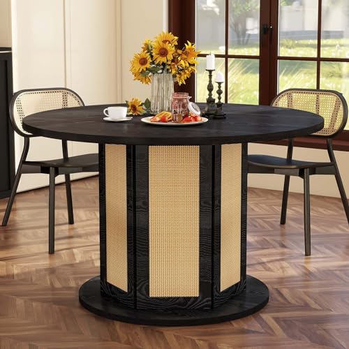 DWVO Round Dining Table for 4-6 People, 47 Inch Farmhouse Kitchen Table with Rattan Circular Base, Wooden Dinner Table for Dining Room Family Gathering, Black DWVO