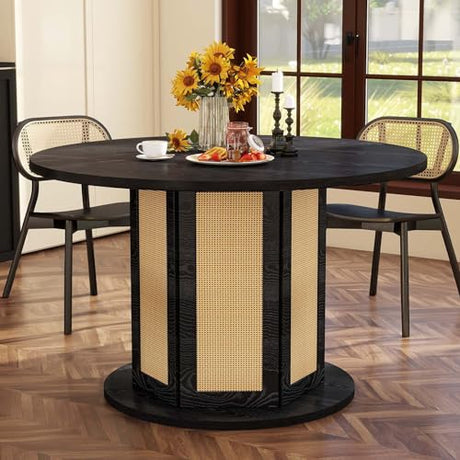 DWVO Round Dining Table for 4-6 People, 47 Inch Farmhouse Kitchen Table with Rattan Circular Base, Wooden Dinner Table for Dining Room Family Gathering, Black DWVO