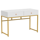 Tribesigns Computer Desk, Modern Simple 47 inch Home Office Desk Study Table Writing Desk with 2 Storage Drawers, Makeup Vanity Console Table, White and Gold Tribesigns
