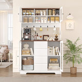 HIFIT 71" Tall Kitchen Pantry Cabinet, Kitchen Hutch Coffee Bar with 4 Drawers & 5 Metal Hooks & 4 Doors & Microwave Stand, Hutch Cabinet for Living Room, Dining Room, White Pantry HIFIT