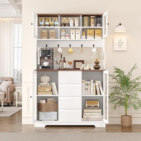 HIFIT 71" Tall Kitchen Pantry Cabinet, Kitchen Hutch Coffee Bar with 4 Drawers & 5 Metal Hooks & 4 Doors & Microwave Stand, Hutch Cabinet for Living Room, Dining Room, White Pantry HIFIT