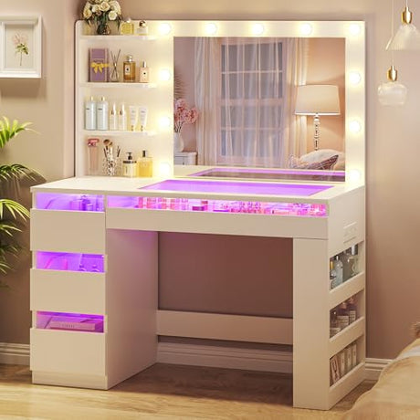 HUAHUU Vanity Desk with Lighted Mirror & Transparent Top, Makeup Vanity Desk with 4 Transparent Drawers and RGB Lighting, Built-in Power Outlet, 3-Tier Side Shelves & Storage Organizer for Bedroom HUAHUU