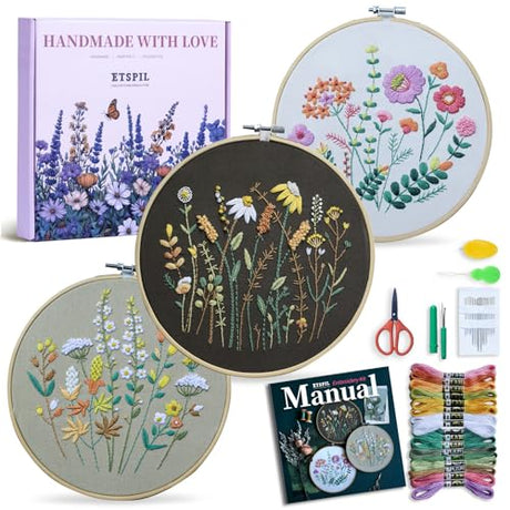 ETSPIL Beginner Embroidery Kit for Adults, 4K HD Video Tutorials, Pre-Printed Botanical Floral Designs, Essential Stitches & Bound Guide, Relaxing Screen-Free Activity for Women at Home ETSPIL