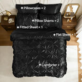 BEDELITE Satin Comforter Set Queen Size, 7 Pieces Luxury Pintuck Bed in A Bag with Comforter, Flat Sheet, Fitted Sheet, Pillowcases, Shams, Soft Cozy Similar to Silk Bed Set for All Seasons (Black) BEDELITE