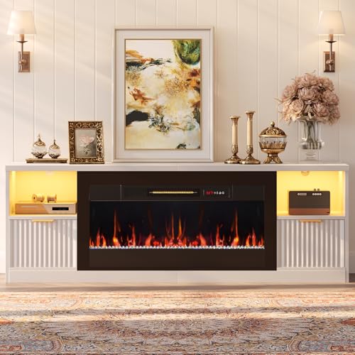 Bestier 70” Fireplace TV Stand for TVs Up to 80", LED Entertainment Center with 36" Electric Fireplace, Modern Fluted Media Console Table with Drawers, TV Cabinet for Living Room - White Bestier