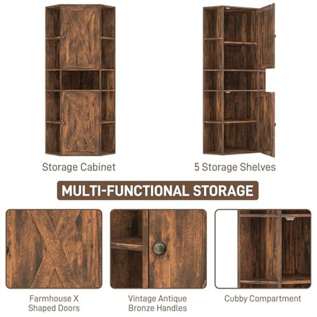 Halitaa Farmhouse Corner Cabinet, Tall Corner Storage Cabinet with Barn Doors and Adjustable Shelves Wooden Display Bookshelf Pantry Cabinets Organizer Home Furniture for Bathroom, Living Room Halitaa