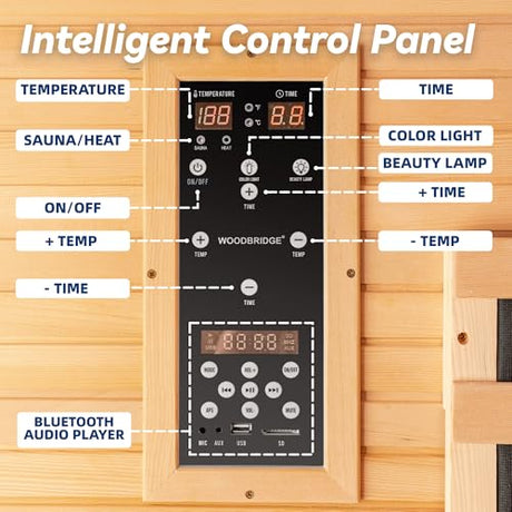 WOODBRIDGE Infrared Sauna Room 2 Person Japanese Cedar Indoor Corner Sauna with 7 Carbon Heaters, Red Light Therapy,Bluetooth Speaker,Intelligent Dual Control System,Tempered Glass,Exterior Brim Light WOODBRIDGE