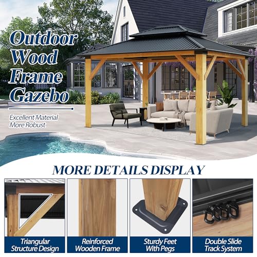 COVERONICS 13FT x 15FT Outdoor Cedar Wooden Gazebo - Patio Wood Frame Gazebo with Galvanized Steel Hardtop, Heavy-Duty Hardtop Gazebo with Netting for Garden, Poolside, Deck, Backyard - WoodArtSupply