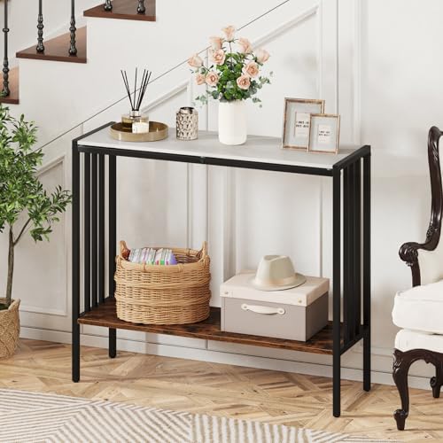 GOFLAME Entryway Table with Storage, 2-Tier Marble Sofa Table with Sintered Stone Top, Wood Shelf, Industrial, Metal Frame, Modern Console Tables for Entryway, Living Room, White & Rustic Brown GOFLAME