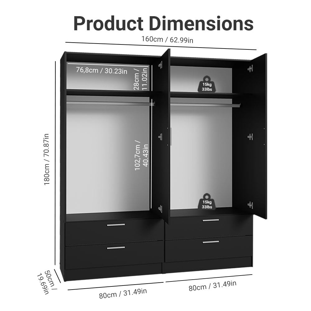 Madesa 4 Doors 4 Drawers Storage Cabinet Wardrobe with Shelves and Hanging Space 63" L Wooden Armoire Closet Organization Unit for Bedroom and Office (Black) Madesa