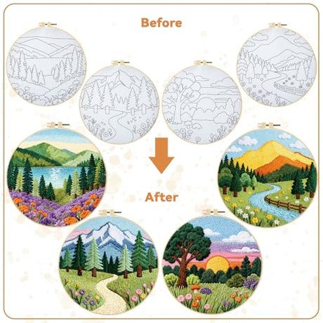BEUNITONE 4 Set Embroidery Kit for Beginners, Beautiful Forest Scenery Patterns Cross Stitch Kits, Needlepoint Kits for Adults with Hoop, Hand Embroidery Patterns for Cloth and Home Decor BEUNITONE