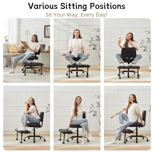 Criss Cross Legged Office Chair with Wheels,Swivel Meditation Chair for ADHD,Ergonomic Cross Legged Desk Chair with Thicken Adjustable Footstool,PU Sitting Fidgeting Kneeling Chair for Home Yoga Black BIGGARSIT