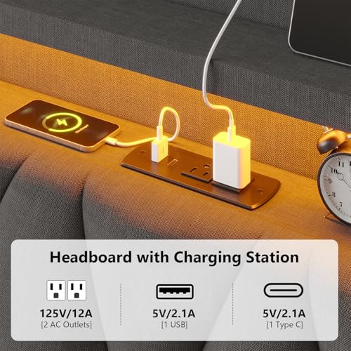 Queen Bed Frame with Headboard,Bed Frame Queen Size with LED Lights & Charging Station,Floating Queen Bed Frame with Storage Openable Marshmallow Headboard,No Box Spring Needed,Noise-Free,Dark Gray BYSAUD