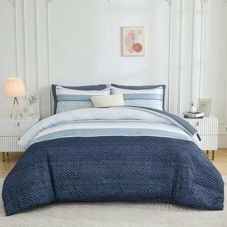 Drucon Comforter Set Queen Size 7 Piece Bed in a Bag Boho Blue Striped Bedding Set Soft Microfiber Comforter and Sheet Set for All Season (Queen, 90"x90") Drucon