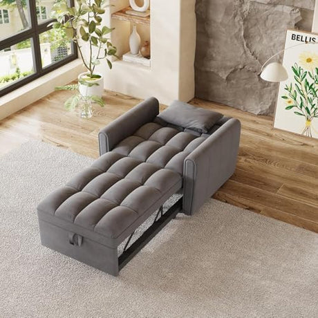 3 In 1 Velvet Convertible Single Sofa Bed,Pull Out Couch Bed With Reclining Backrest &Pillows,38.2" Modern Chaise Lounge Sleeper Sofa Futon Chair Bed,Couches for Small Spaces,Living Room (Dark Gray) Xinmviec