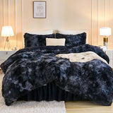 Andency Faux Fur Tie-Dyed Black Blue Comforter Set Full Size, 3 Pieces Fluffy Fuzzy Plush Bedding Comforter Set (1 Shaggy Velvet Comforter & 2 Pillowcases), Soft Puffy Down Comforter Bedding Set Andency