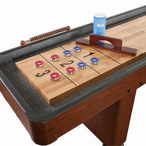 Challenger Shuffleboard Table with Dark Cherry Finish, Hardwood Playfield, Storage Cabinets, Climate Adjusters, Leg Levelers, 8 Pucks, Brush and Wax Hathaway