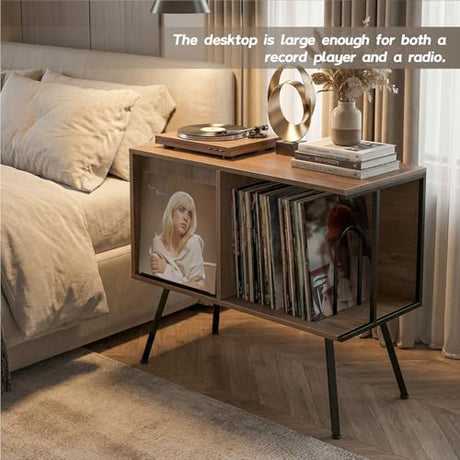 Faesun Flip Top Record Player Stand, Large Turntable Stand Holds up to 150+ Albums, Vintage Mid Century Record Player Table, Stereo Cabinet with Open Storage, for Living Room, Bedroom, Walnut Faesun