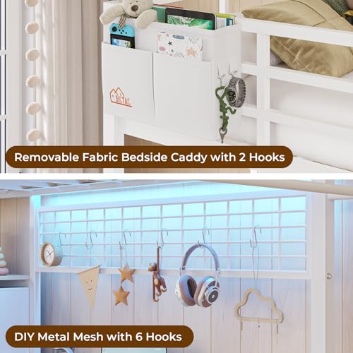 DICTAC Twin Size Loft Bed with L-Shaped Desk and 7 Storage Drawers,Metal Twin Loft Bed for Kids with LED Lights and Charging Station,13.11" H Safety Guardrail and Ladder,No Box Spring Needed, White DICTAC