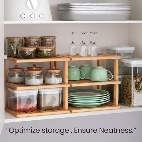 Danfoxer 2 Pack Bamboo Corner Shelf,3 Tier Kitchen Cabinet Organizer for Plates and Dishes,Pantry Storage and Spice Rack（Natural） Danfoxer