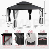 PAMAPIC 12'x14' Hardtop Gazebo, Double Roof Canopy with Netting and Curtains,2-Tier Hardtop Gazebo with Galvanized Iron Aluminum Frame, GardenTent for Backyard, Parties, Garden, Black Pamapic
