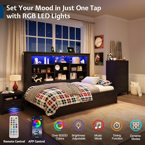 Jocisland Twin Bed Frame with Storage Drawers, Bookcase Headboard, USB Charging, RGB Lights, Farmhouse Wood Daybed, No Box Spring Needed, Black Jocisland