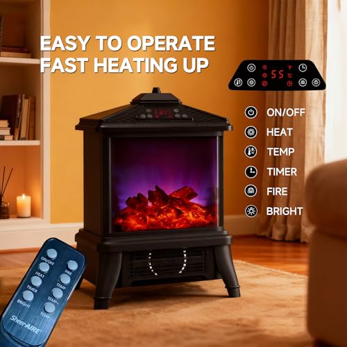 18-inch Freestanding Electric Fireplace, Equipped with 1500W/1650W Electric Wood Fireplace Flame Effect, Featuring Realistic Flames, 3-Second Quick Heating, Remote Control, and Adjustable Lighting SheerAIRE