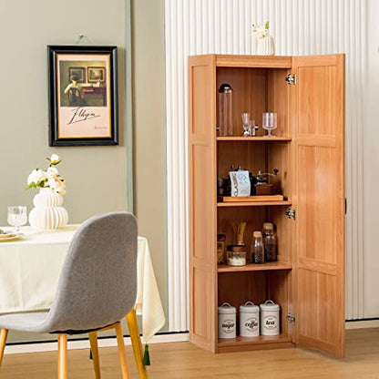 Giantex Kitchen Pantry, Tall Storage Cabinet Single Door, 4-Tier Floor Storage Cabinet for Bathroom, Living Room, 18"x14"x 60" (Oak Color)