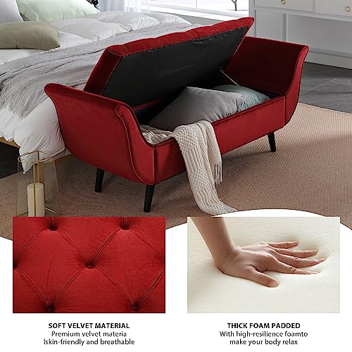 Hdxdkog Velvet Storage Bench for Bedroom End of Bed, 65" Upholstered Rolled Armed Button Tufted Stool Bench, Storage Ottoman Long Bench with with 2 Pillows for Entryway (Wine Red) Hdxdkog