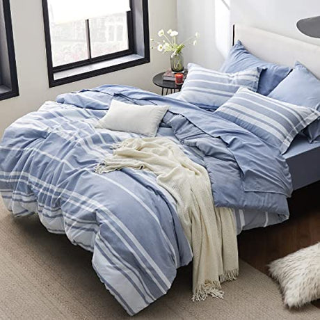 Bedsure Twin Comforter Set 5 Pieces, Blue Striped Bedding Set for All Seasons, Reversible, Cationic Dyeing Bed in a Bag with Comforter, Sheets, Pillowcase & Sham Bedsure