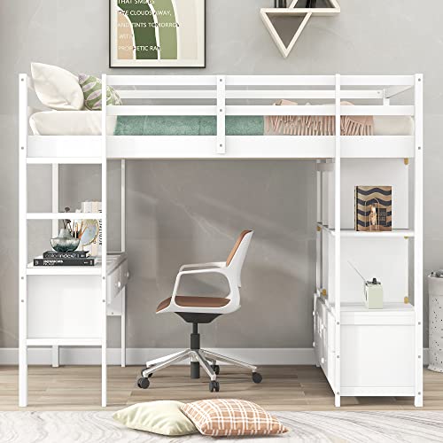 BOVZA White Full Size Loft Bed with Built-in Desk, Drawers, and Storage Shelves