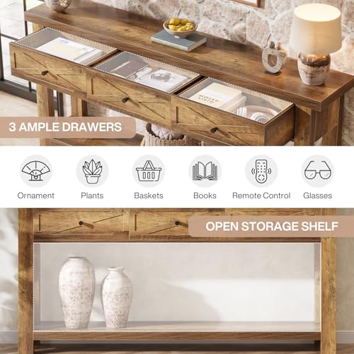 Tribesigns 70.9” Console Table with 3 Drawers, Extra Long Entryway Table for Hallway, Living Room, Narrow Sofa Table Behind Couch with Storage Shelf, Rustic Brown Wood Foyer Furniture Tribesigns