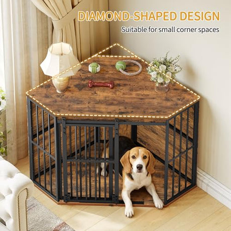 Hzuaneri Corner Dog Crate Furniture with Barn Door, Heavy Duty Dog Kennel Indoor, Wooden Decorative Pet Cage for Small Medium Dogs, Space-Saving TV Stand Anti-Chew Anti-Escape, Rustic Brown DFC88901B Hzuaneri