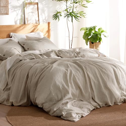 Bedsure Linen Duvet Cover Queen Size - Linen Cotton Blend Bedding Set, Soft & Cozy, 3 Pieces, 1 Duvet Cover 90x90 Inches and 2 Pillowcases, Natural Color Cooling Bedding, Comforter Sold Separately Bedsure